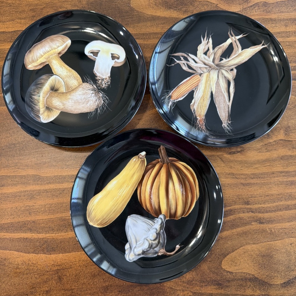 Fitz And Floyd Legumes Noir Fine Porcelain Mushrooms Plates Set Of 3